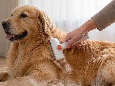 Golden retriever being brushed with a Petlori SilkyFur groomer